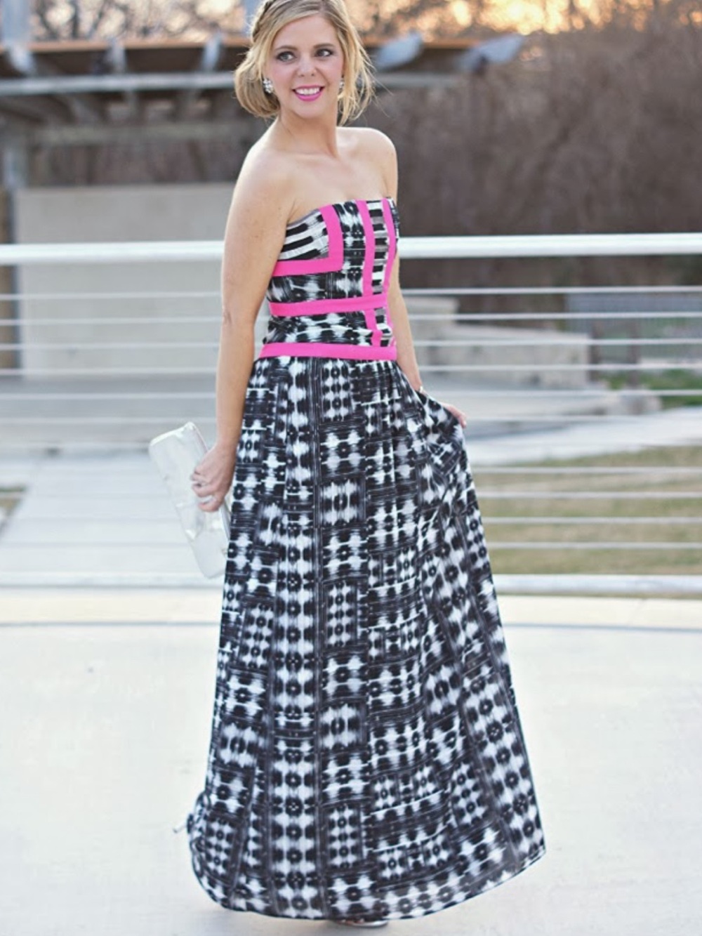 BCBGMAXAZRIA Gracelyn Strapless Maxi Dress Black White Ikat Pink Trim Gown